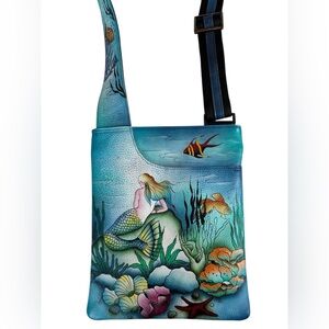 NWOT Anuschka Hand Painted Leather Mermaid Themed Cross Body Purse